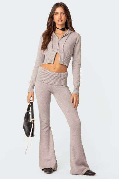 Desiree Knitted Low Rise Fold Over Pants - GRAY MELANGE