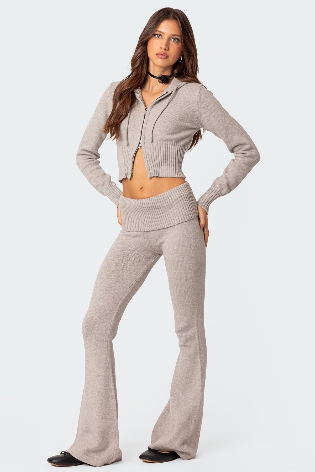 Desiree Knitted Low Rise Fold Over Pants - GRAY MELANGE
