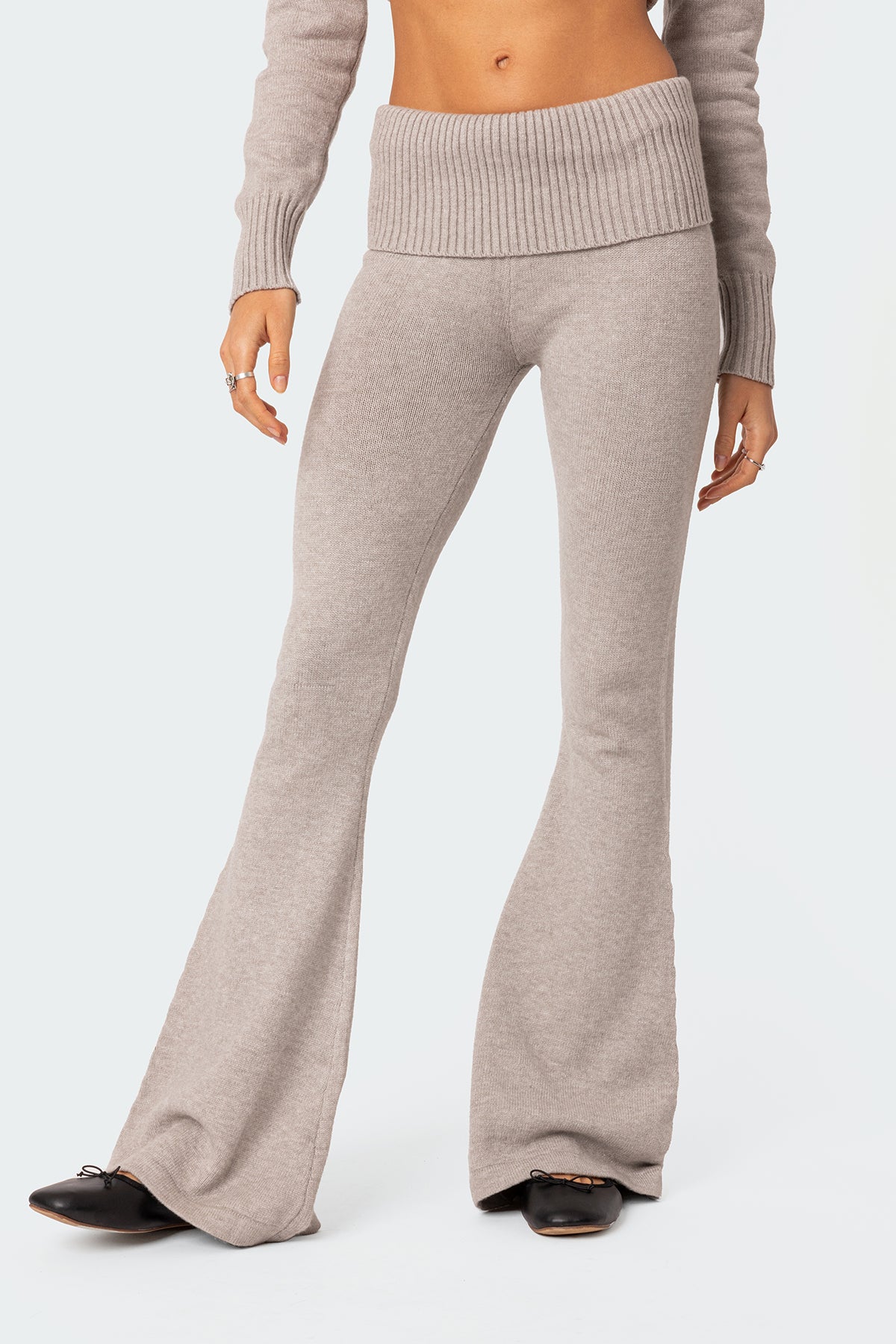 Desiree Knitted Low Rise Fold Over Pants - GRAY MELANGE