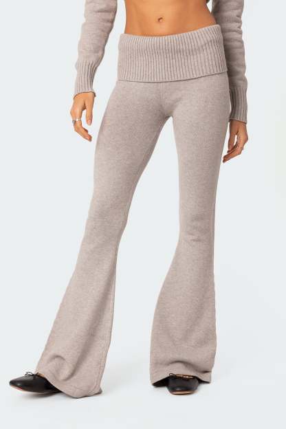 Desiree Knitted Low Rise Fold Over Pants - GRAY MELANGE