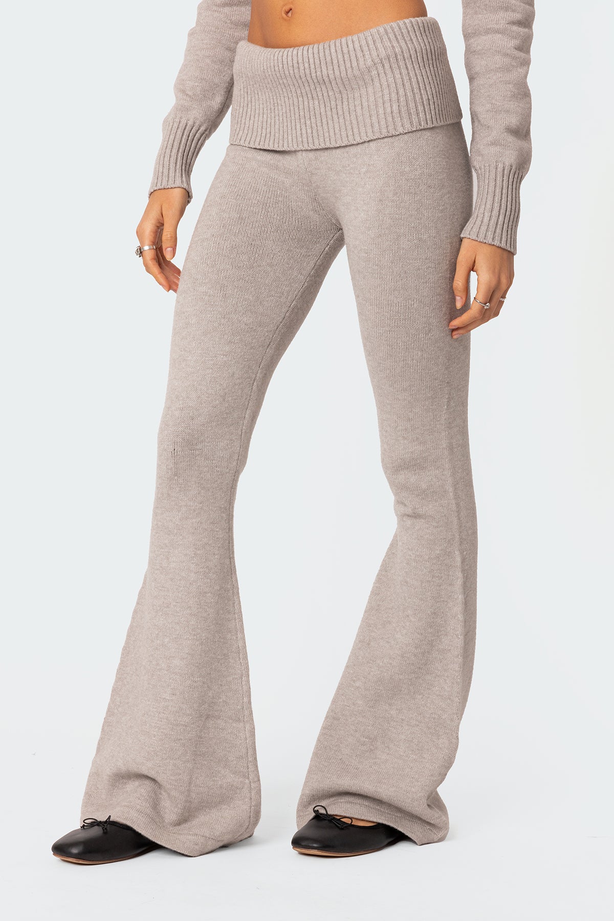 Desiree Knitted Low Rise Fold Over Pants - GRAY MELANGE