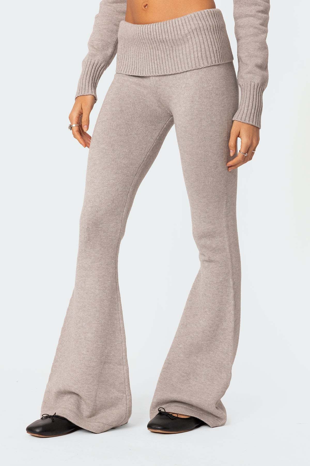 Desiree Knitted Low Rise Fold Over Pants - GRAY MELANGE