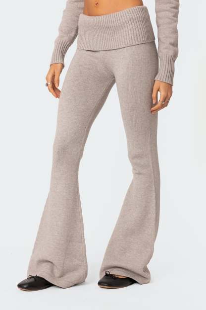 Desiree Knitted Low Rise Fold Over Pants - GRAY MELANGE