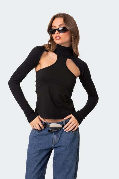 Turtle Neck Shrug Sweater - BLACK