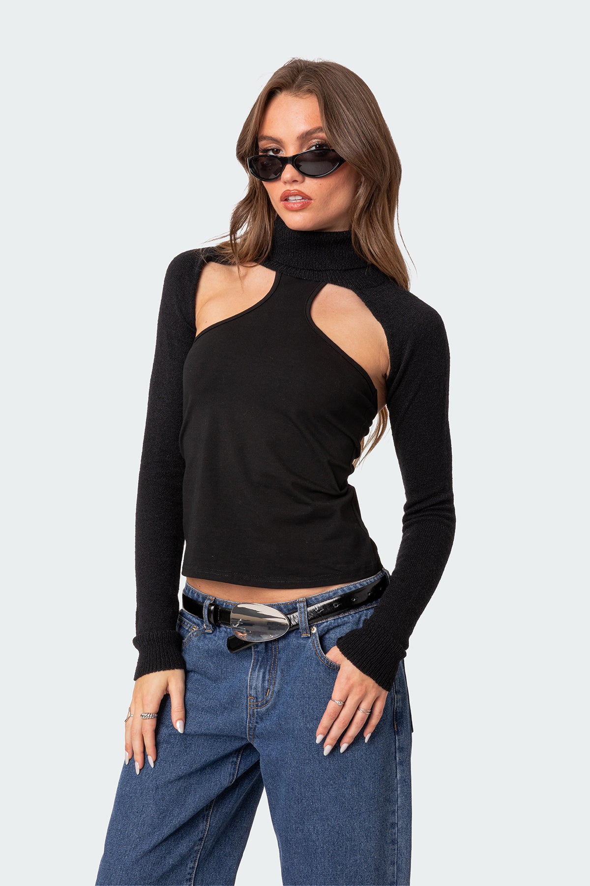Turtle Neck Shrug Sweater - BLACK