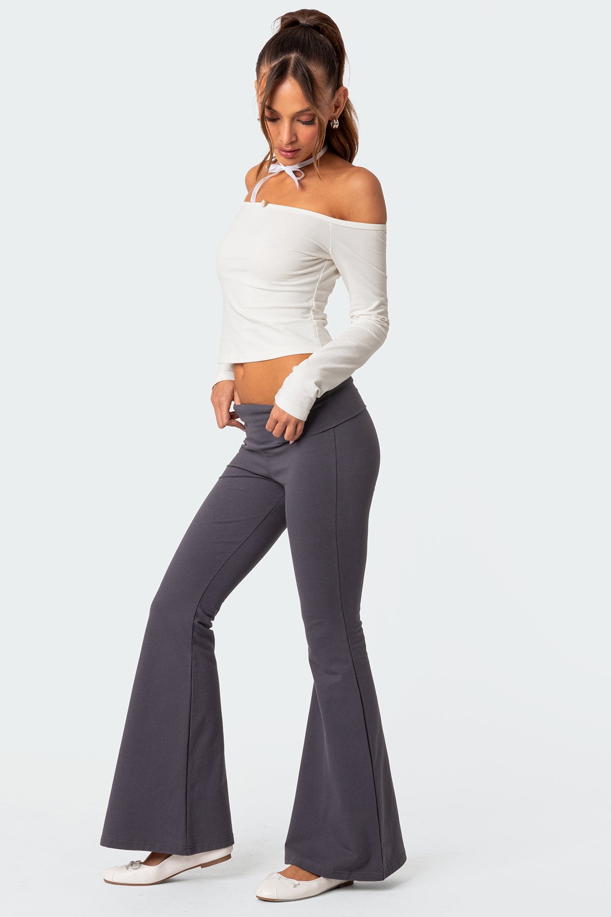 Naomi Foldover Flared Leggings - DARK GRAY