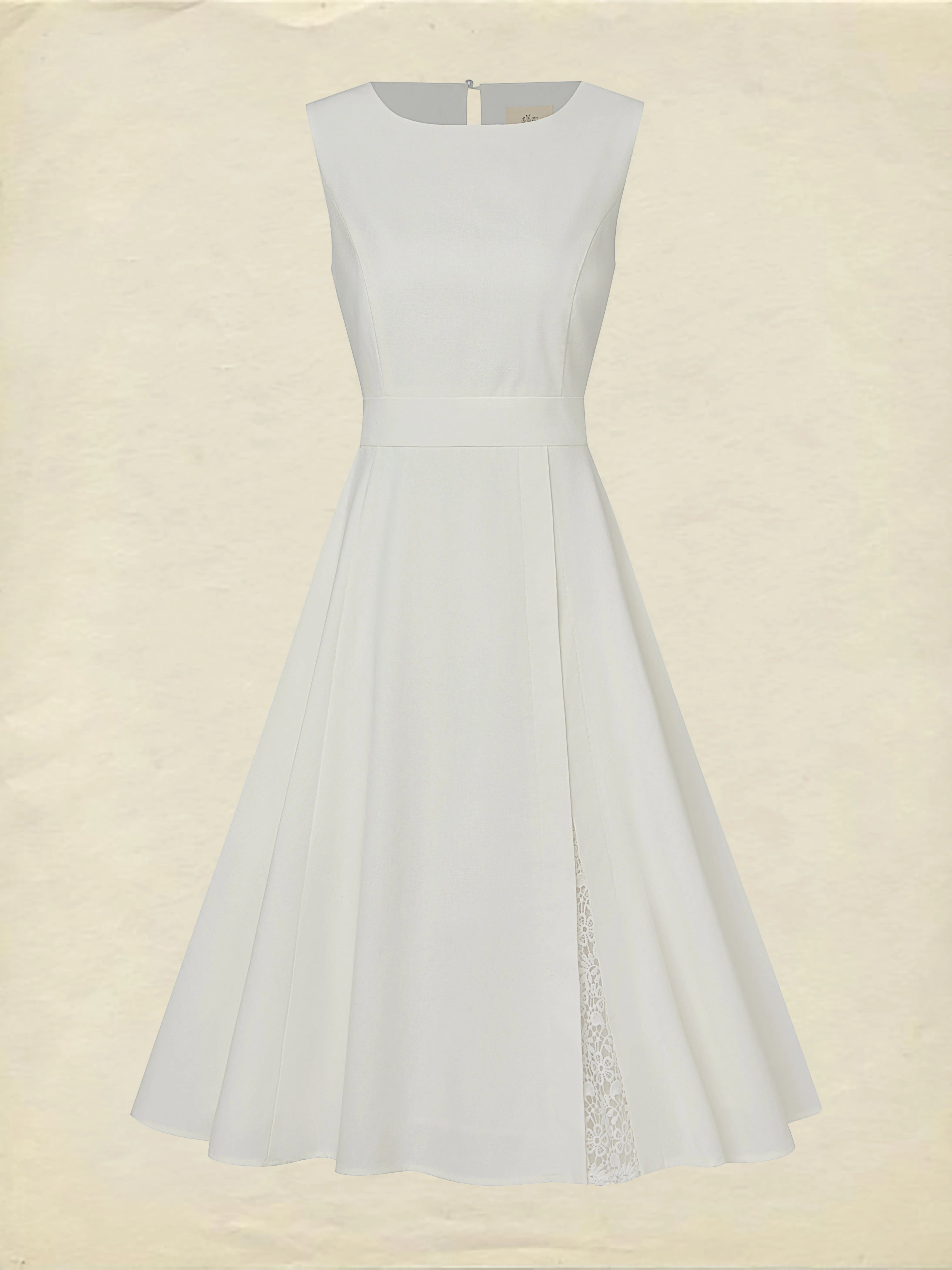 Midi Linen Dress , Sleeveless, Round Neck, Plain, Lace, French Vintage, White - White