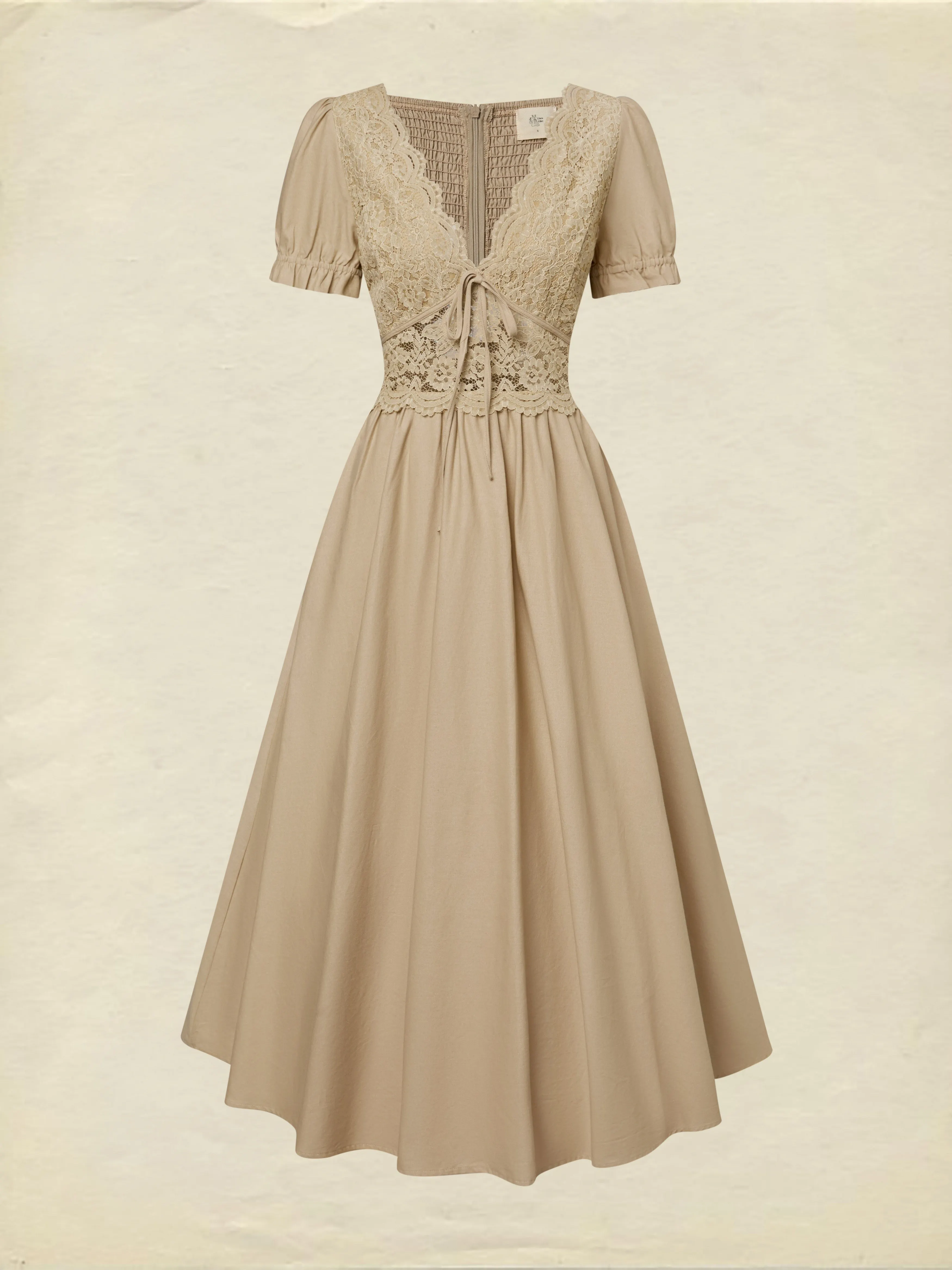 Maxi Cotton Dress, Short Sleeves, V Neck, Plain, Lace, French Vintage, Brown - Brown