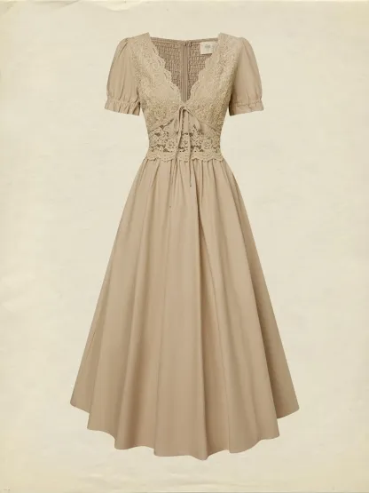 Maxi Cotton Dress, Short Sleeves, V Neck, Plain, Lace, French Vintage, Brown - Brown