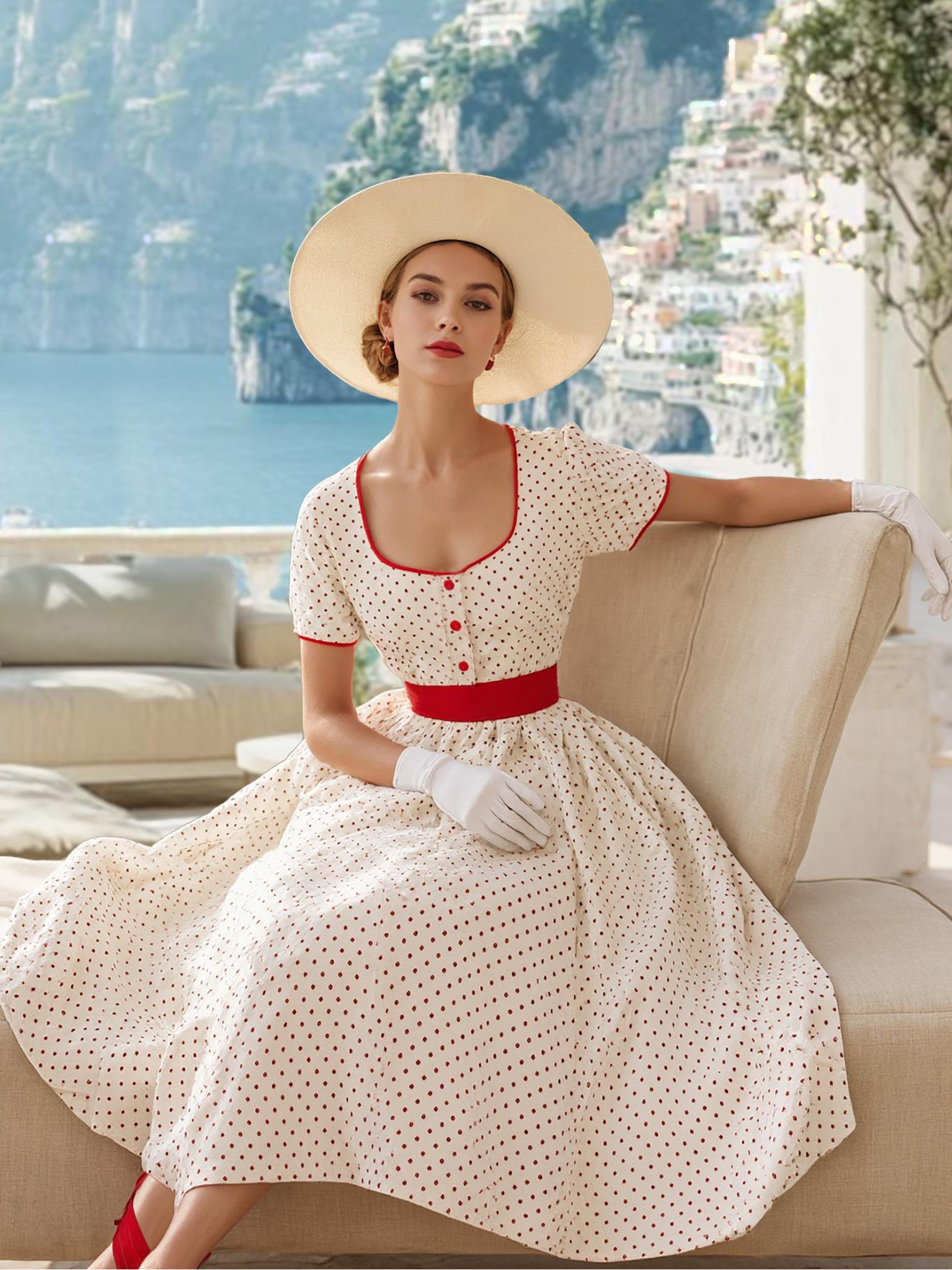 Cotton Maxi Dress, Short Sleeve, Square neck, Polka Dots, Vintage, White，Pure cotton - White
