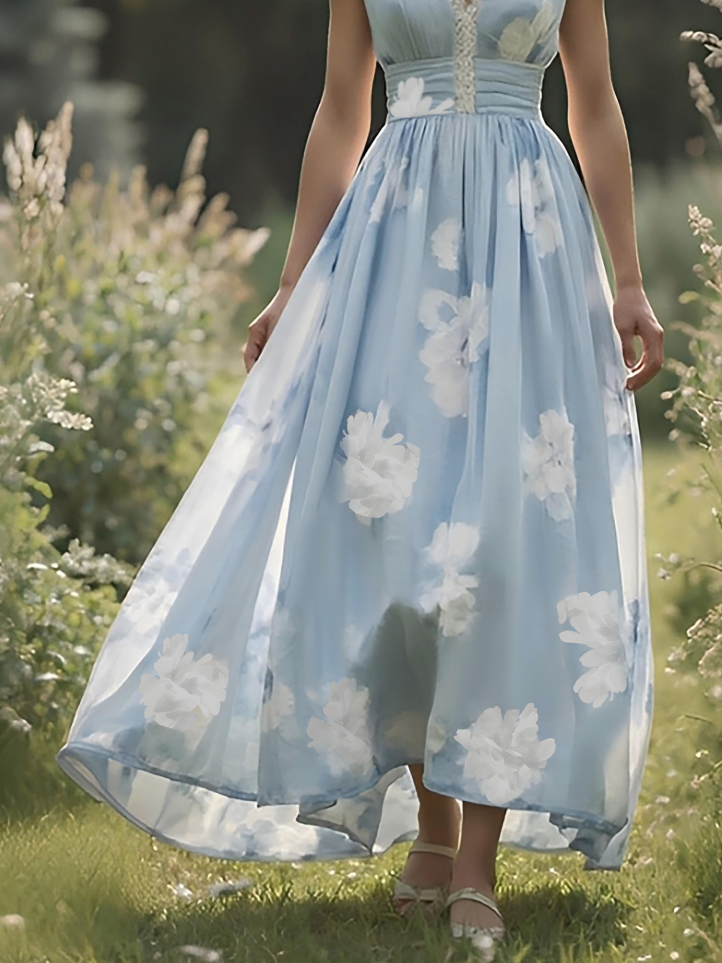 (SIZE:XS-XXL)Linen Maxi Dress, Sleeveless, V neck, Floral, Vintage, Light Blue - Light Blue