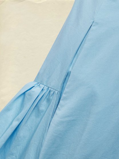 Maxi Cotton Dress , Sleeveless, Round Neck, Plain, Ruffles, French Vintage, Blue - Blue