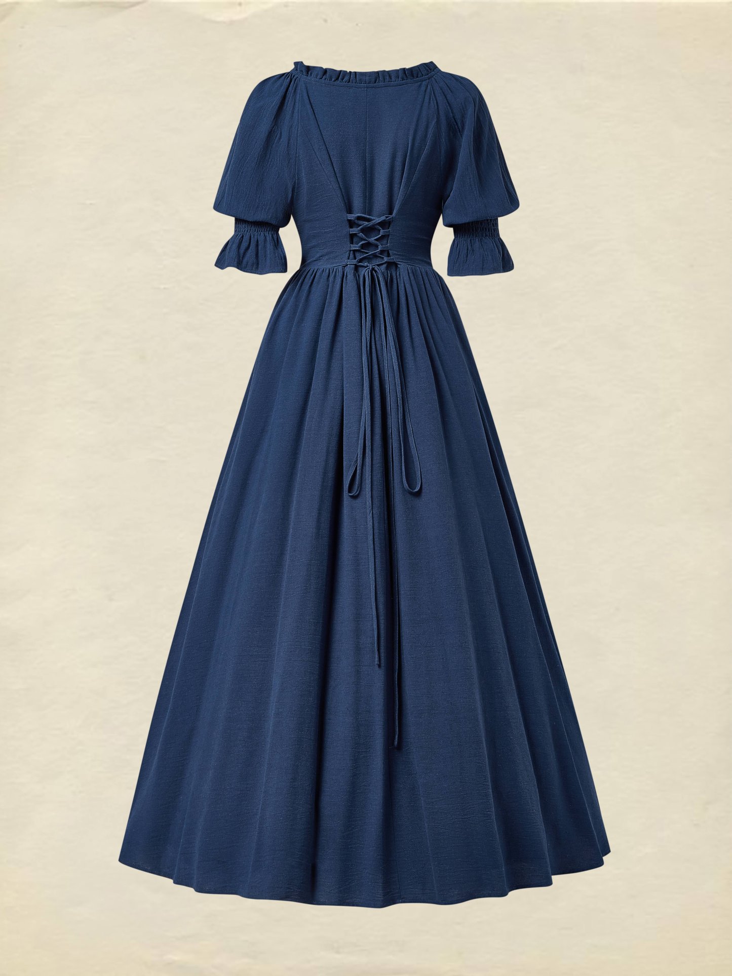 Linen Maxi Dress, Crew Neck, Half Sleeves, Belt, Victorian Style, Princess Dress, Blue - Blue
