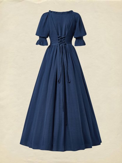 Linen Maxi Dress, Crew Neck, Half Sleeves, Belt, Victorian Style, Princess Dress, Blue - Blue
