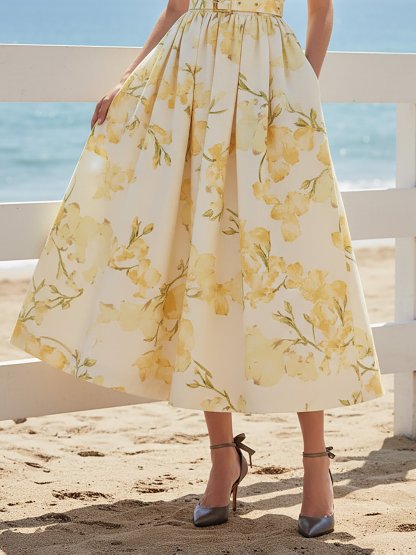 Midi Linen Dress, Short Sleeves, V Neck, Floral, Belt Design, Vintage, Yellow - Yellow