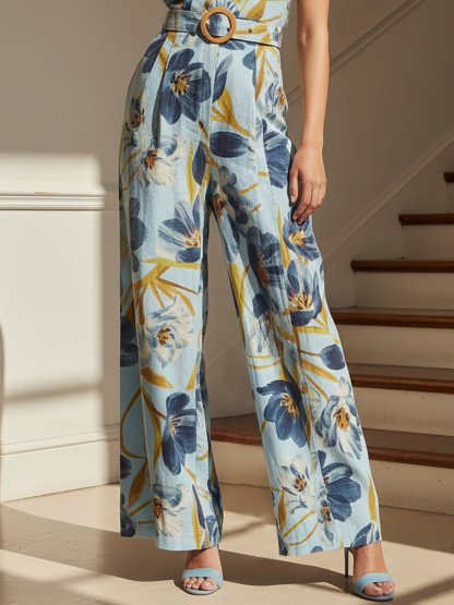 Linen Pants, Floral, Belt Design, Vacation, Vintage, Blue - Blue