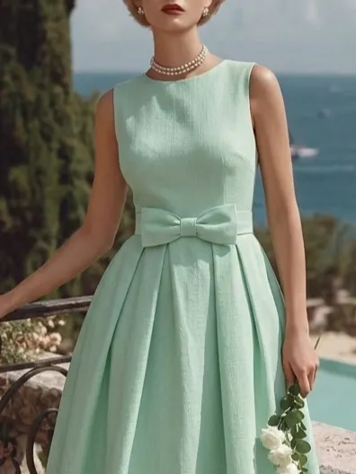 Midi Cotton Dress, Sleeveless, Round Neck, Plain, Bow, French Vintage, mint - mint