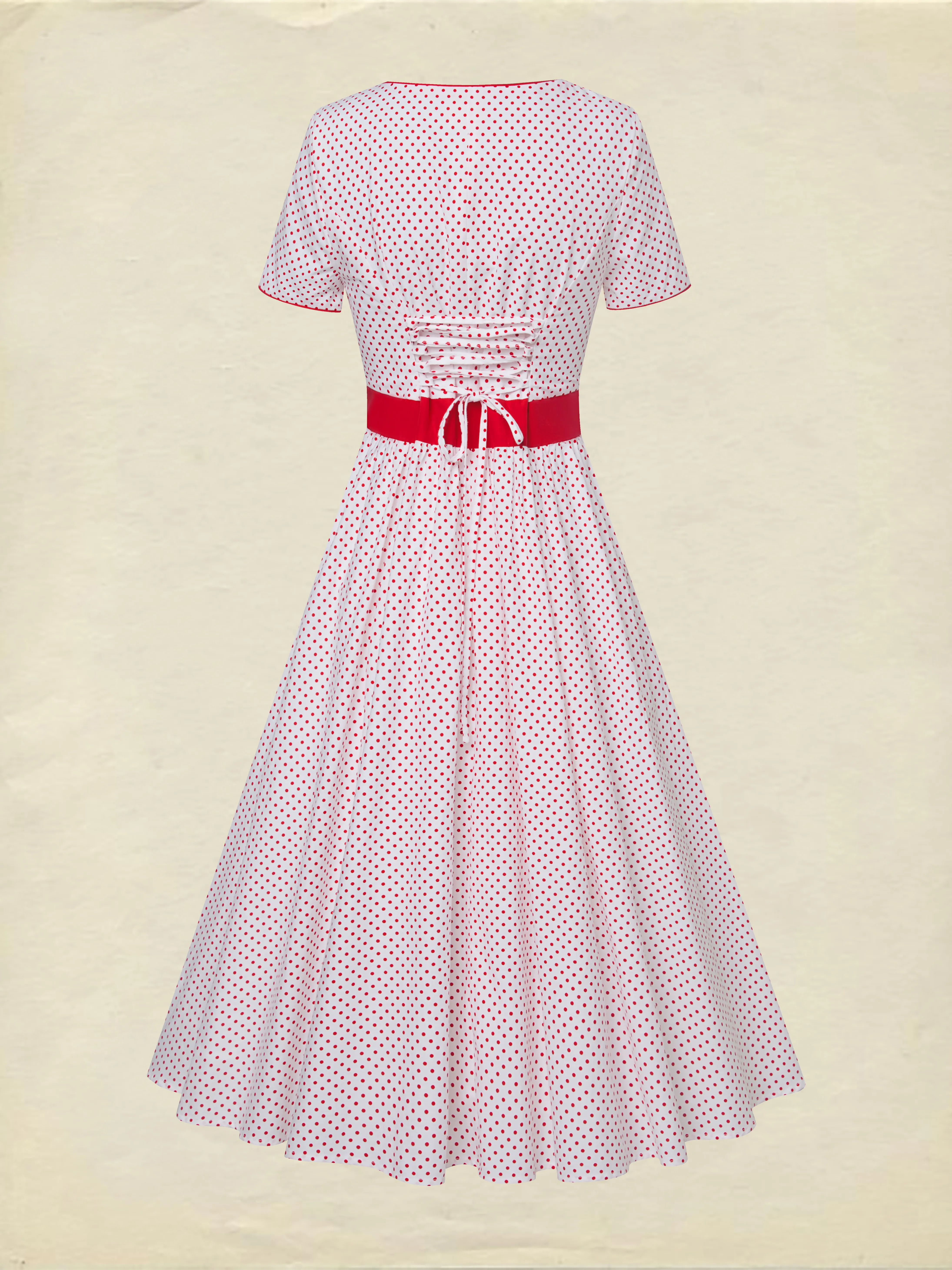 Cotton Maxi Dress, Short Sleeve, Square neck, Polka Dots, Vintage, White，Pure cotton - White