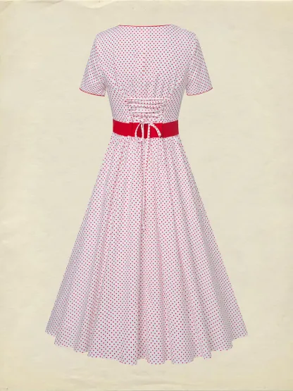 Cotton Maxi Dress, Short Sleeve, Square neck, Polka Dots, Vintage, White，Pure cotton - White
