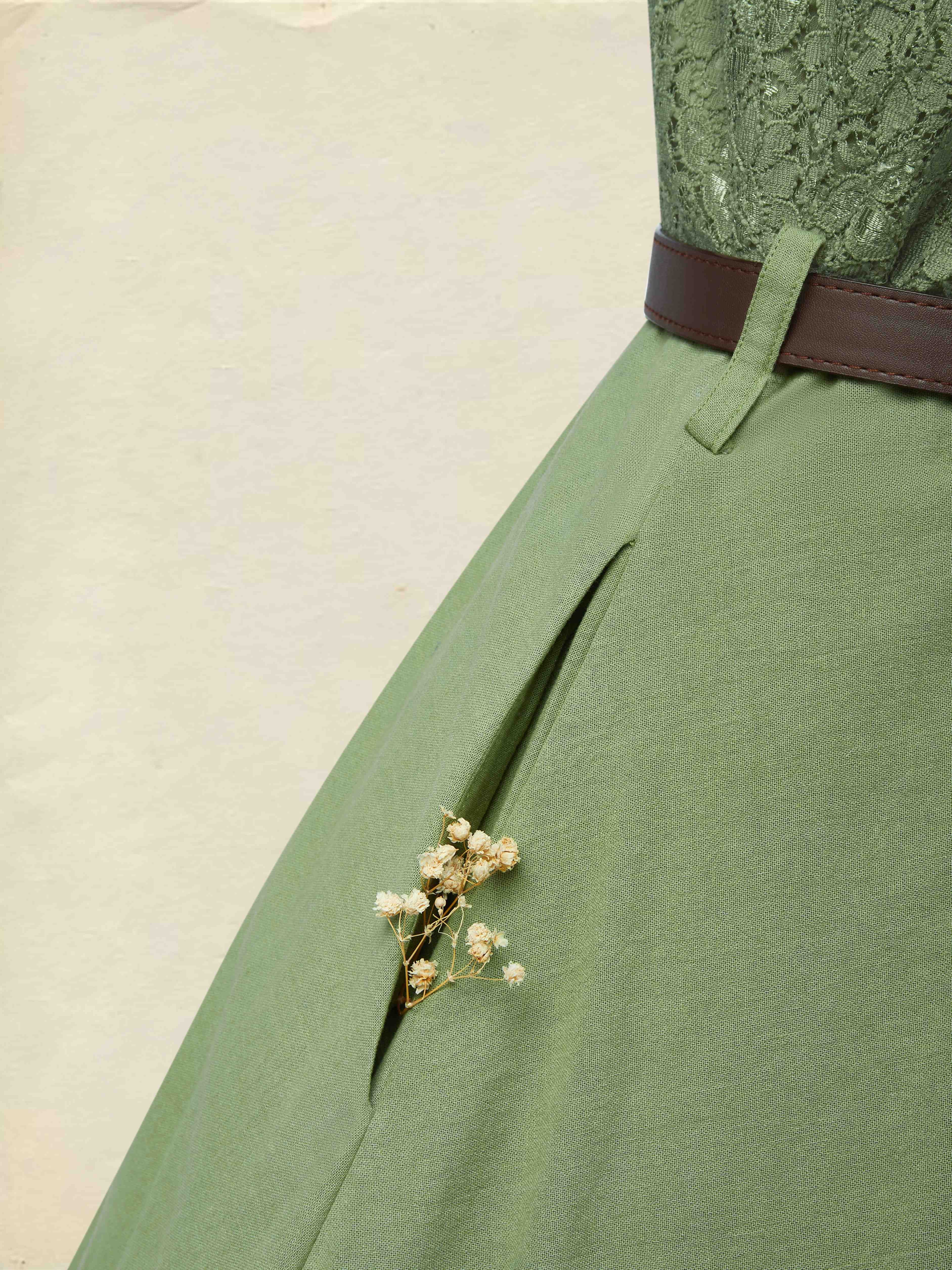 Midi Linen Dress , Half Sleeve, V Neck, Plain, Lace, Vintage, Army Green - Army Green
