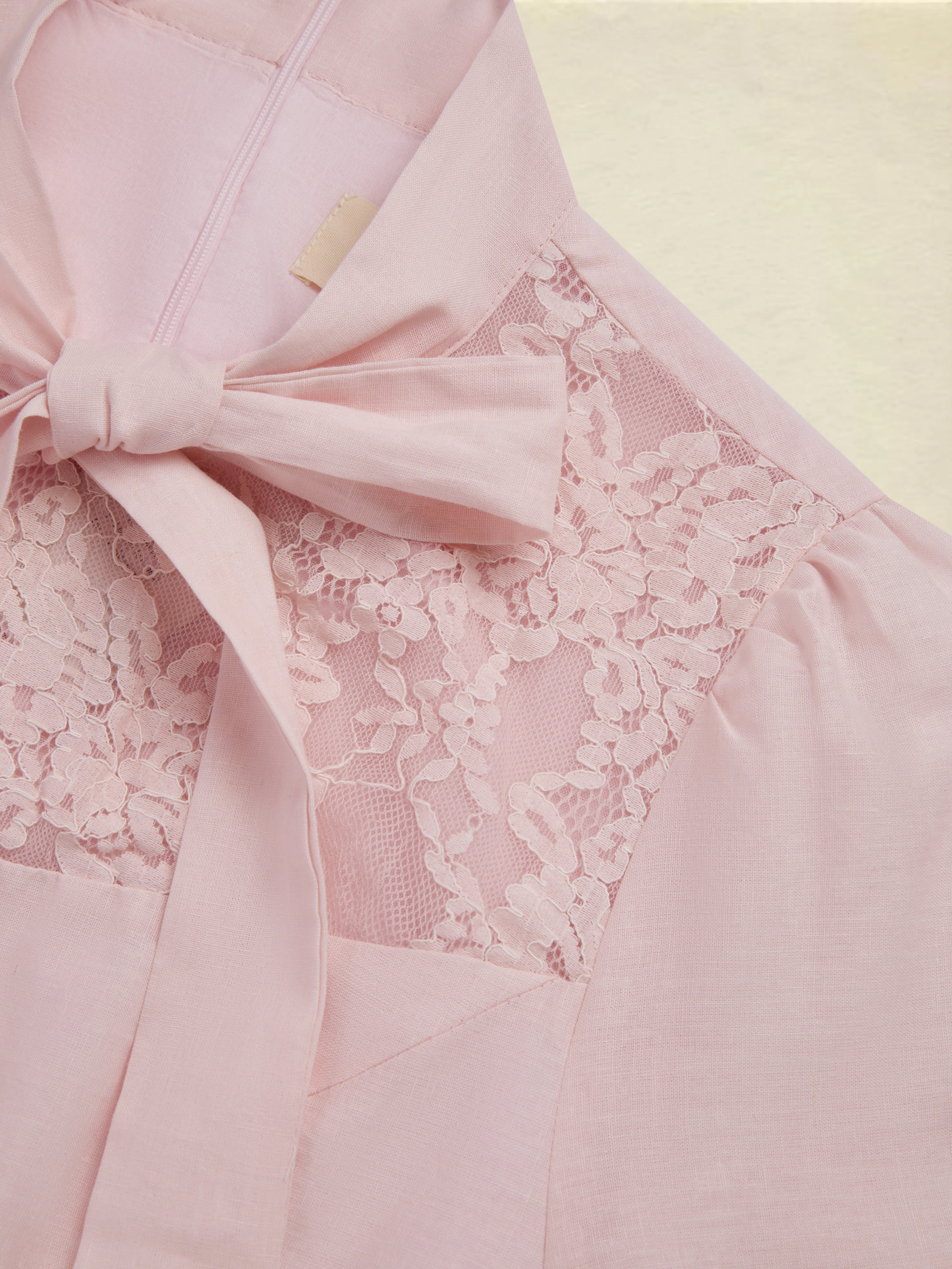 Midi Linen Dress, Half Sleeve, Plain, Lace, French Vintage, Pink - Pink