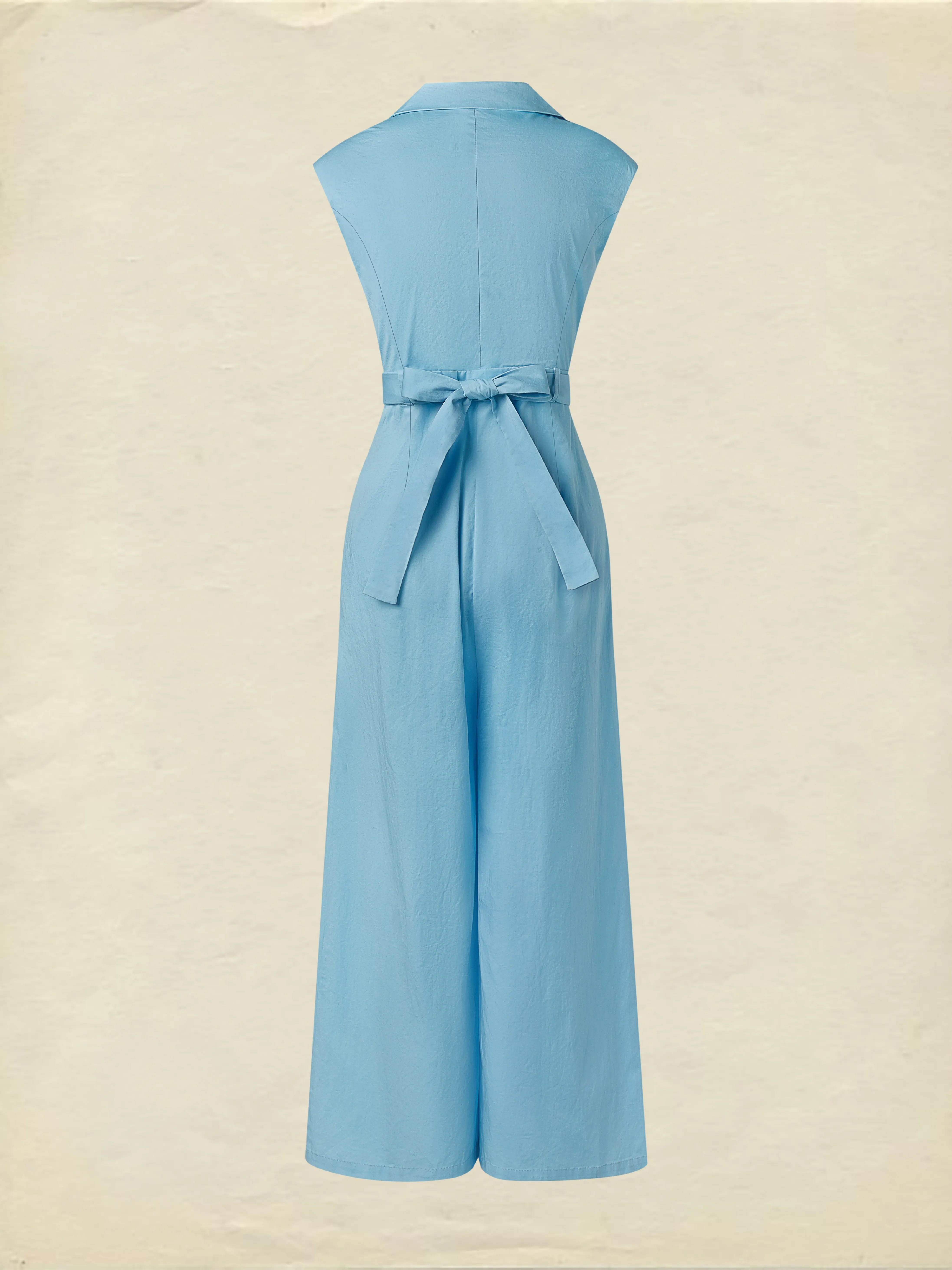 Cotton Jumpsuit , Cap Sleeves, V Neck, Plain, 3D Floral, French Vintage, Blue - Blue