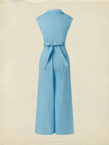 Cotton Jumpsuit , Cap Sleeves, V Neck, Plain, 3D Floral, French Vintage, Blue - Blue