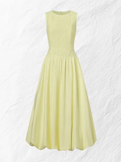 Midi Cotton Dress, Sleeveless, Round Neck, Plain, Lace, French Vintage, Light Yellow - Light Yellow