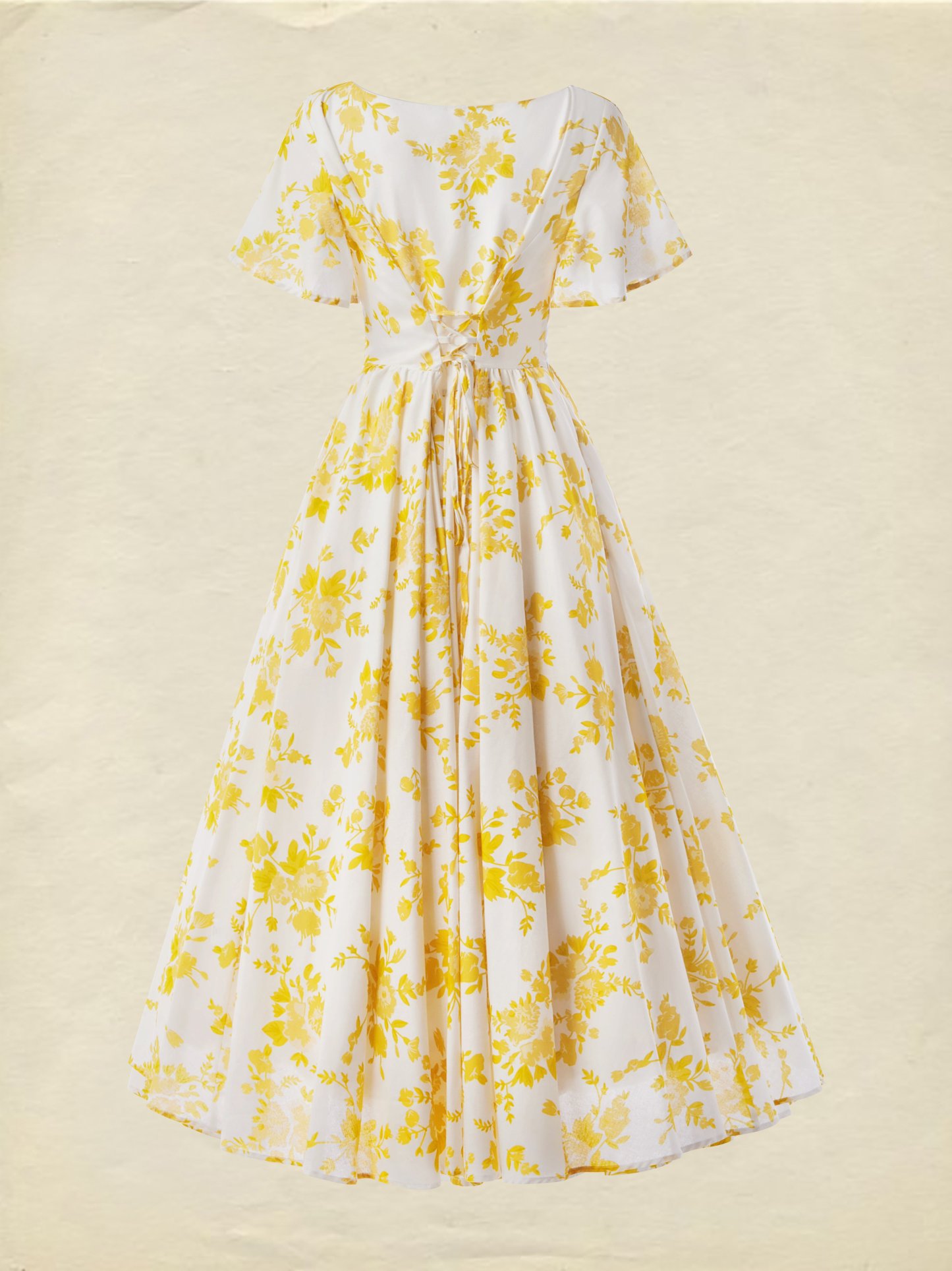 Linen Maxi Dress, Bell Sleeve, Boat Neck, Floral, Vintage, Yellow - Yellow