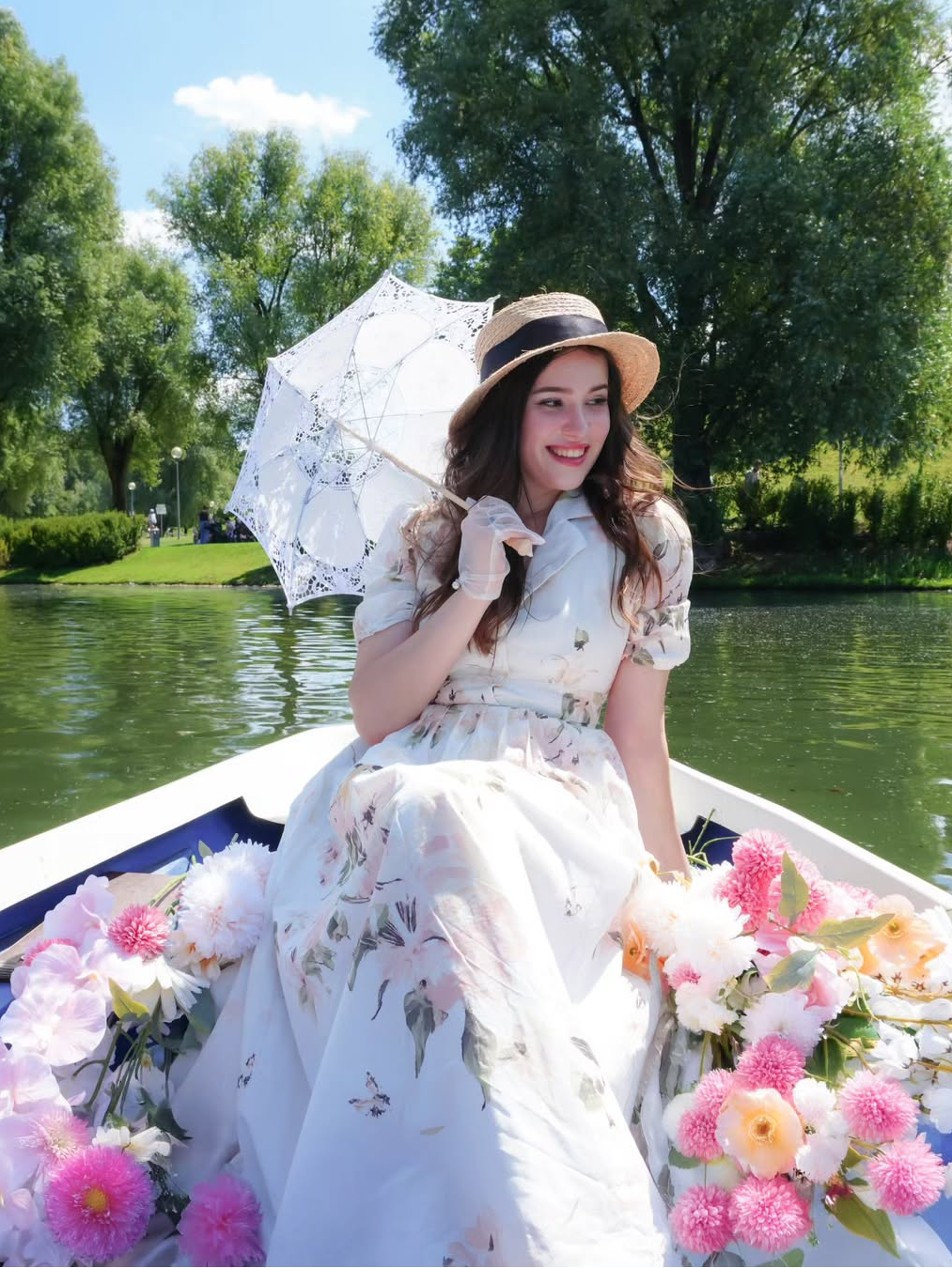 Linen Maxi Dress, Balloon Sleeve, Shawl Collar, Floral, Vintage, White - White