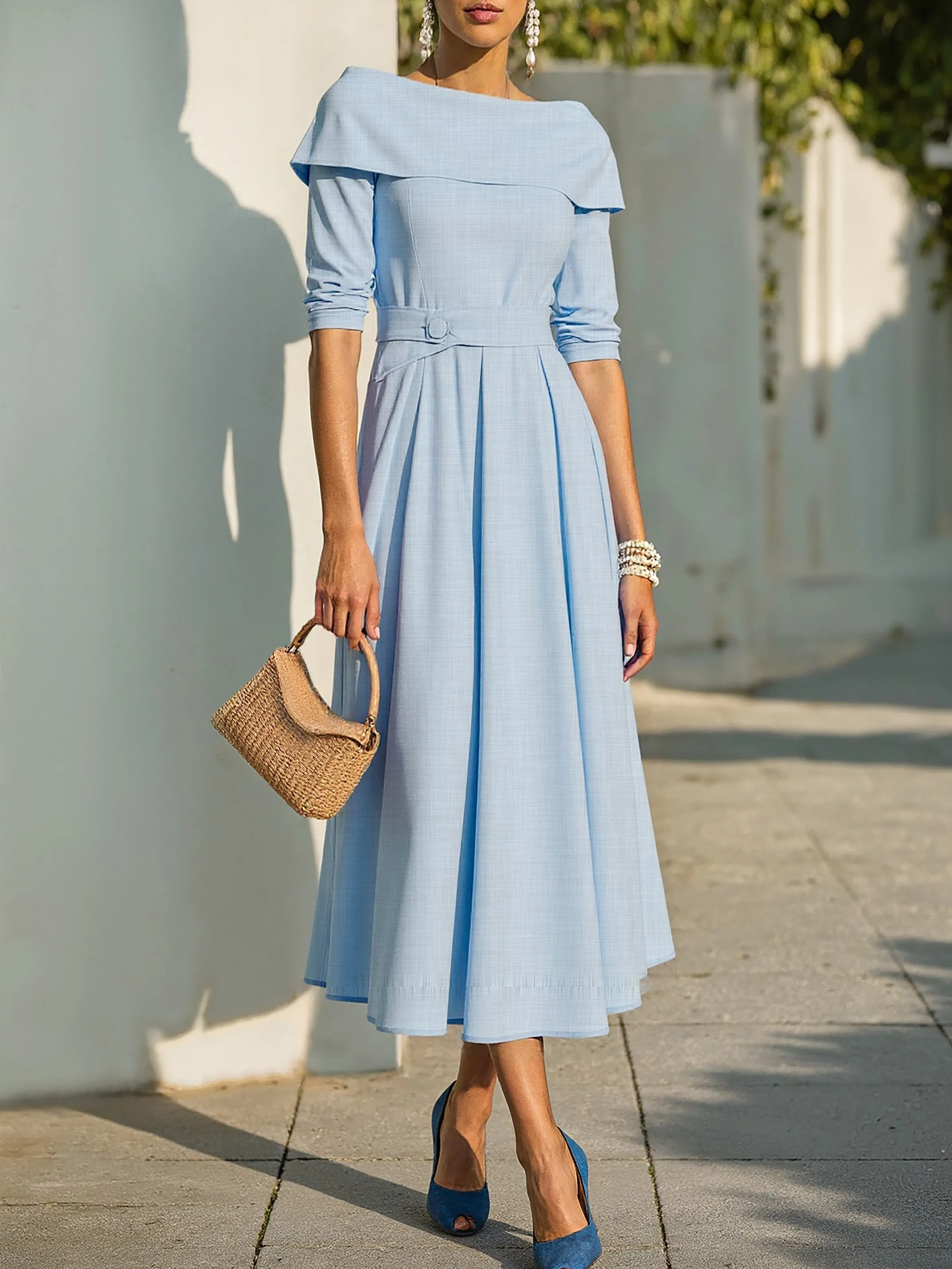 Midi Cotton Dress , Long Sleeves, Off Shoulder, Plain, Belt Design, French Vintage, Sky Blue - Sky Blue