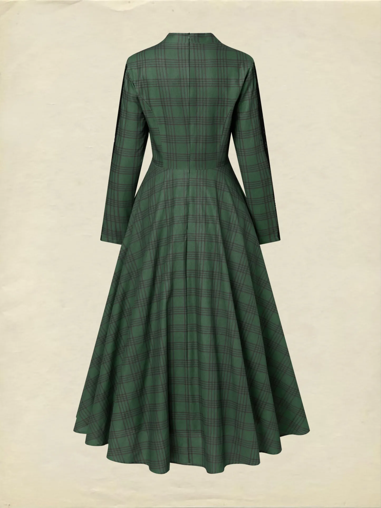 Maxi Linen Dress, Long Sleeves, V Neck, Plaid, Lace, Vintage, Deep Green - Deep Green