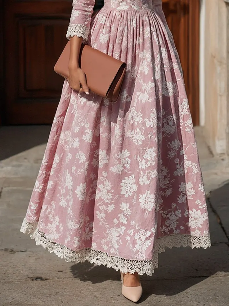 Maxi Linen Dress Set, Half Sleeve, Round Neck, Floral, Lace, Vacation, Vintage, Light Pink - Light Pink
