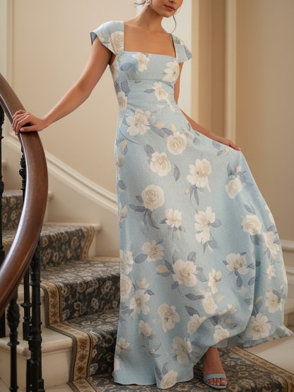 Maxi Linen Dress, Short Sleeves, Square Neck, Floral, Vintage, Blue - Blue