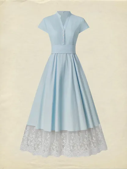 Maxi Cotton Dress , Short Sleeves, V Neck, Plain, Lace, French Vintage, Aqua blue - Aqua blue