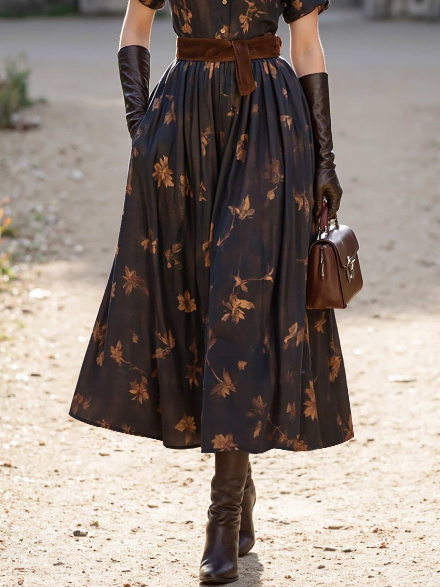 Midi Linen Dress, Short Sleeves, Shawl Collar, Floral, Button Design, Vintage, Deep Brown - Deep Brown