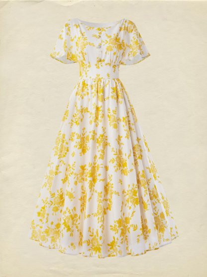 Linen Maxi Dress, Bell Sleeve, Boat Neck, Floral, Vintage, Yellow - Yellow