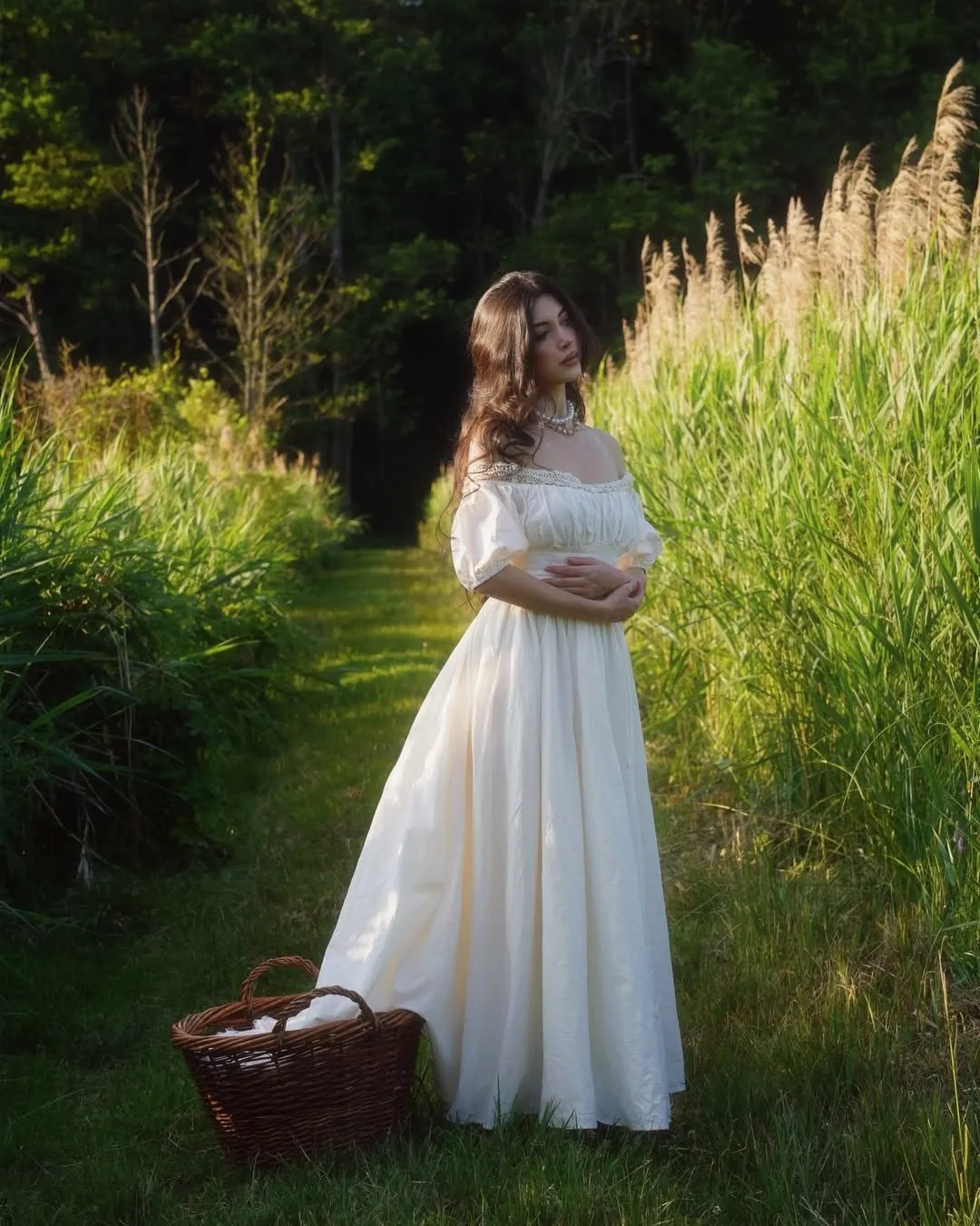 Linen Maxi Dress, Short Sleeve, Off The Shoulder, Plain, Vintage, Daily, White - As Picture