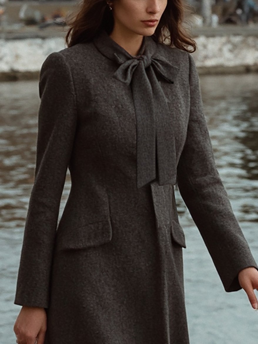 Wool Trench Coat, Long Sleeves, Plain, Pocket Design, Vintage, Deep Gray - Deep Gray