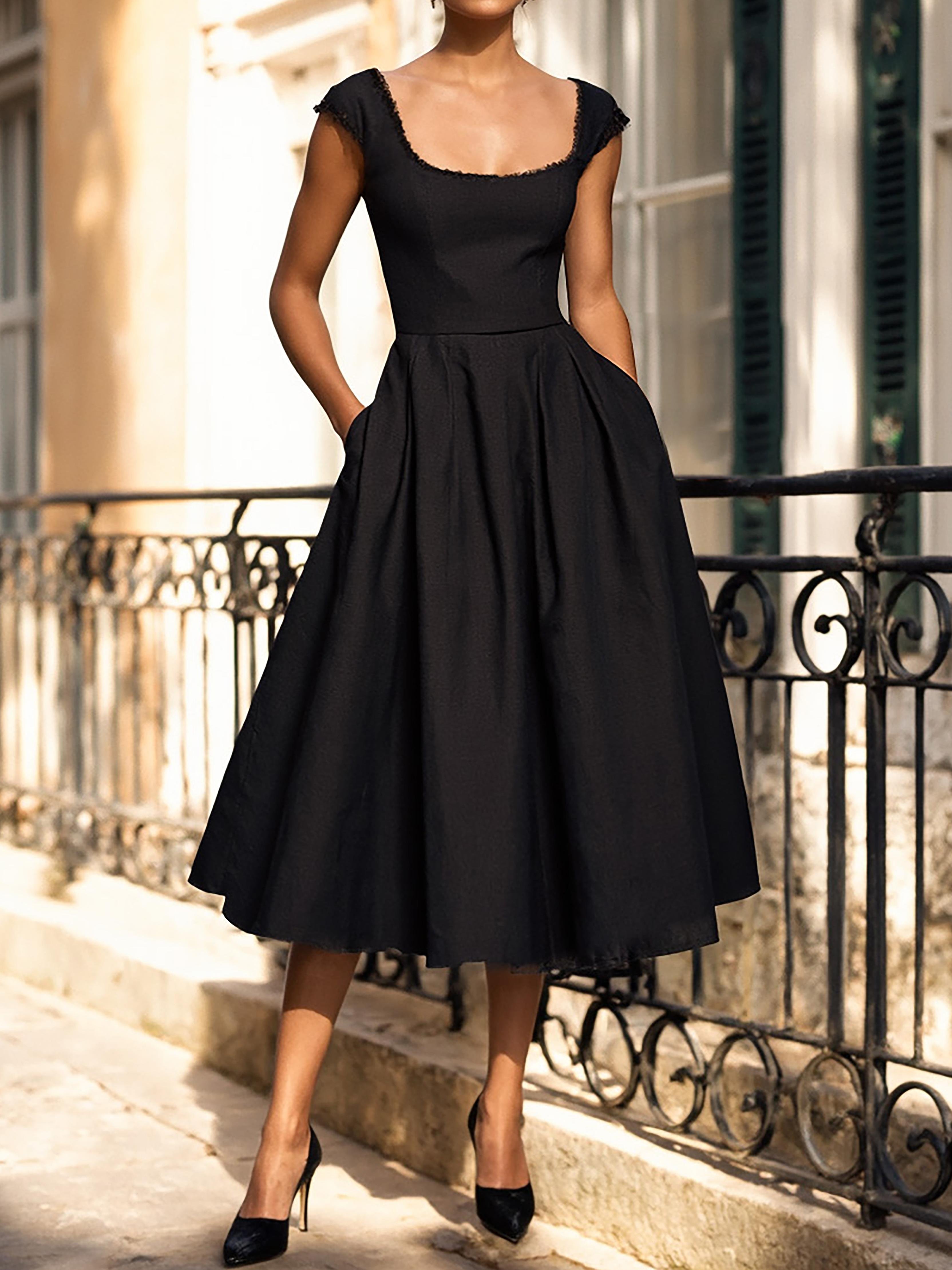 Midi Linen Dress, Sleeveless, Lace Collar, Plain, Lace, French Vintage, Black - Black