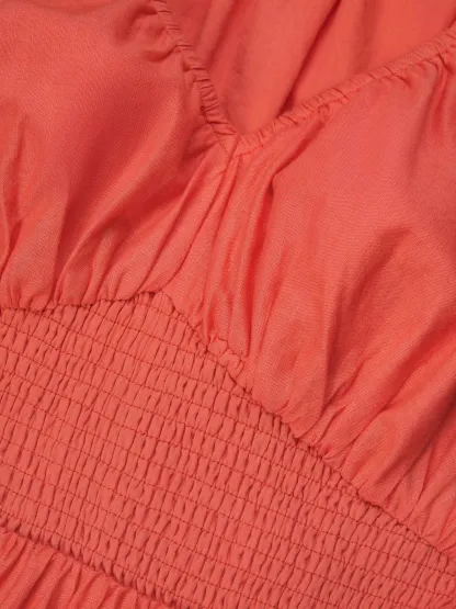 Maxi Cotton Dress, Half Sleeve, V Neck, Plain, Lace, Vacation, Vintage, Light Orange - Light Orange