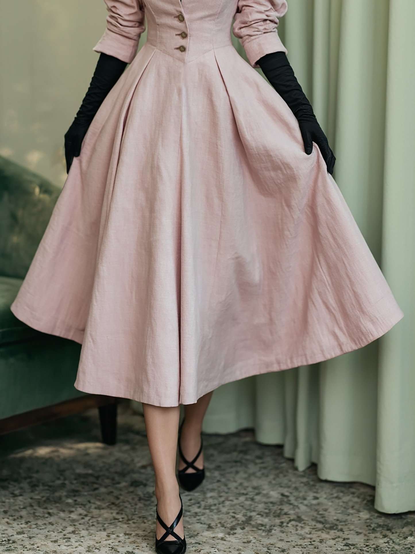 Midi Linen Dress, Long Sleeves, V Neck, Plain, Button Design, French Vintage, Light Pink - Light Pink