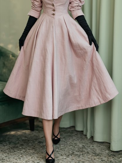 Midi Linen Dress, Long Sleeves, V Neck, Plain, Button Design, French Vintage, Light Pink - Light Pink
