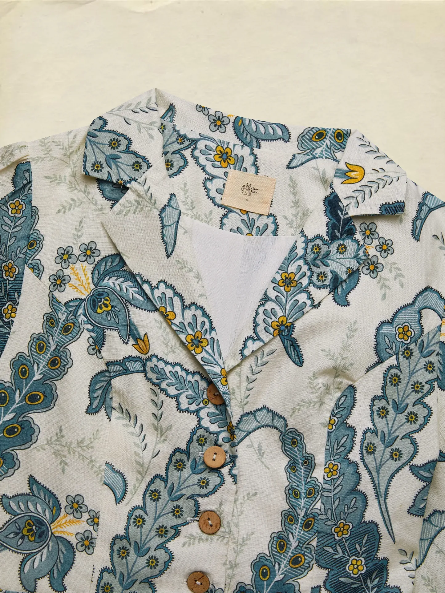 Maxi Linen Dress, Half Sleeve, Shawl Collar, Paisley, Button Design, Vacation, Vintage, White - White