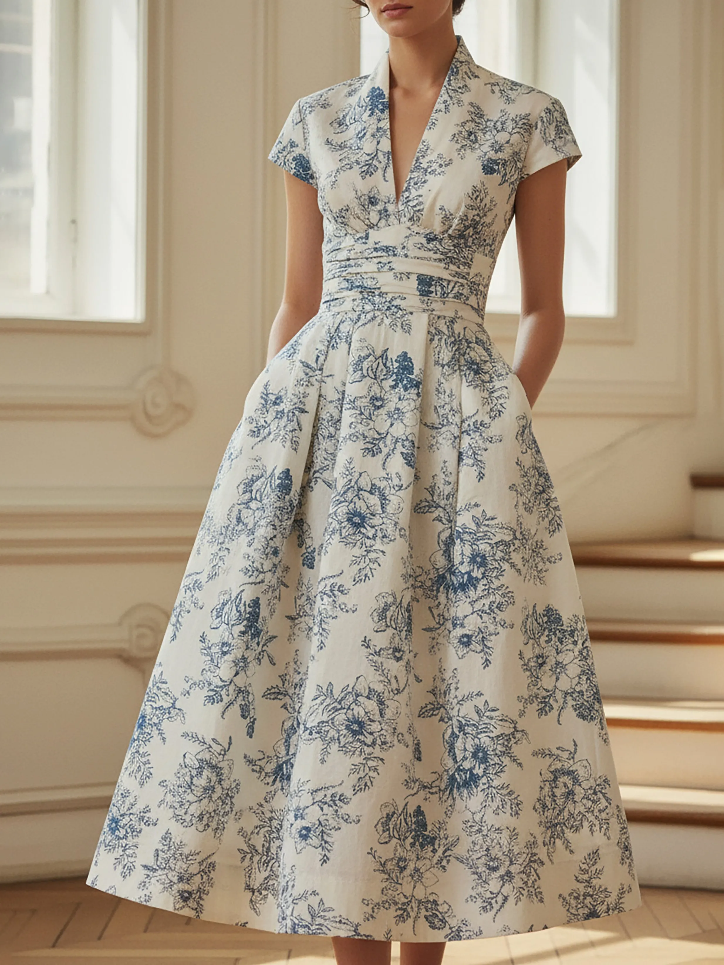 Midi Linen Dress, Short Sleeves, V Neck, Floral, Vintage, Blue - Blue