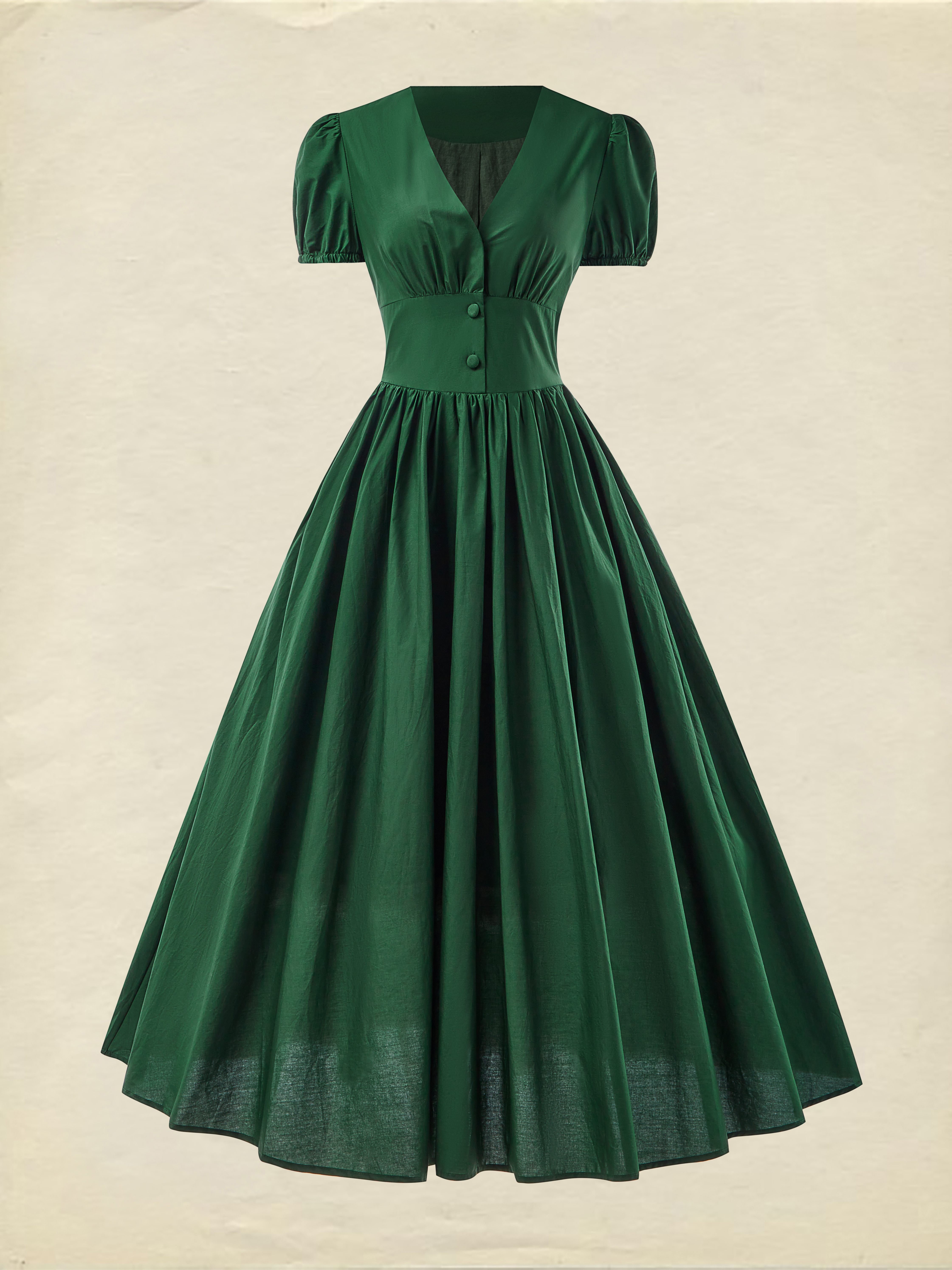 Cotton Maxi Dress, Balloon Sleeve, V neck, Plain, Vintage, Dark Green - Dark Green