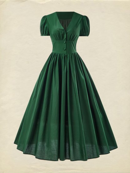 Cotton Maxi Dress, Balloon Sleeve, V neck, Plain, Vintage, Dark Green - Dark Green