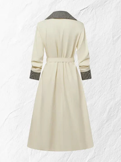 Cotton Trench Coat, Long Sleeves, Shawl Collar, Plain, Button Design, Vintage, Apricot - Apricot