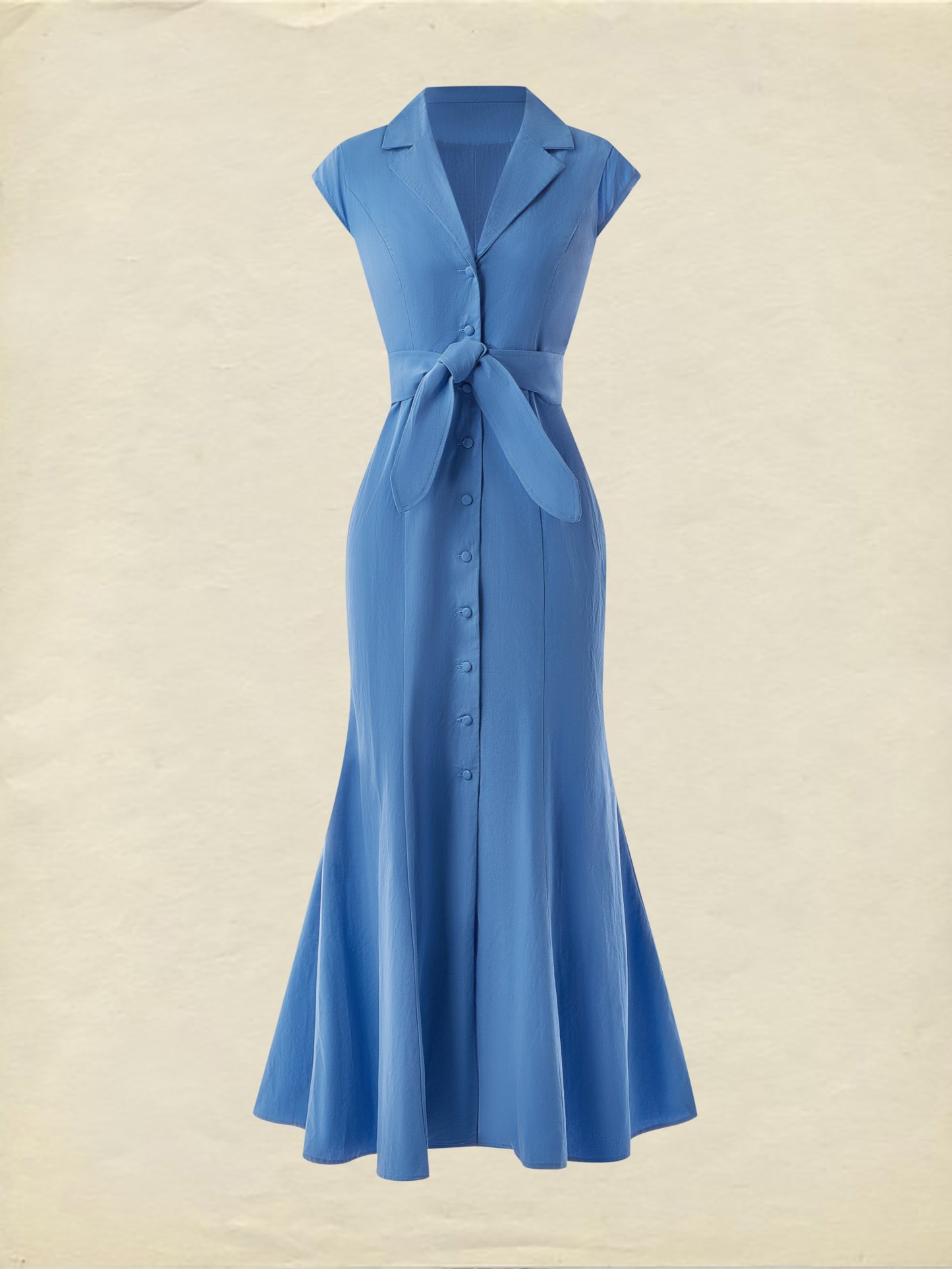 (SIZE:XS-XXL) Cotton Maxi Dress, Cap Sleeve, Lapel Collar, Plain, Vintage, Blue - Blue