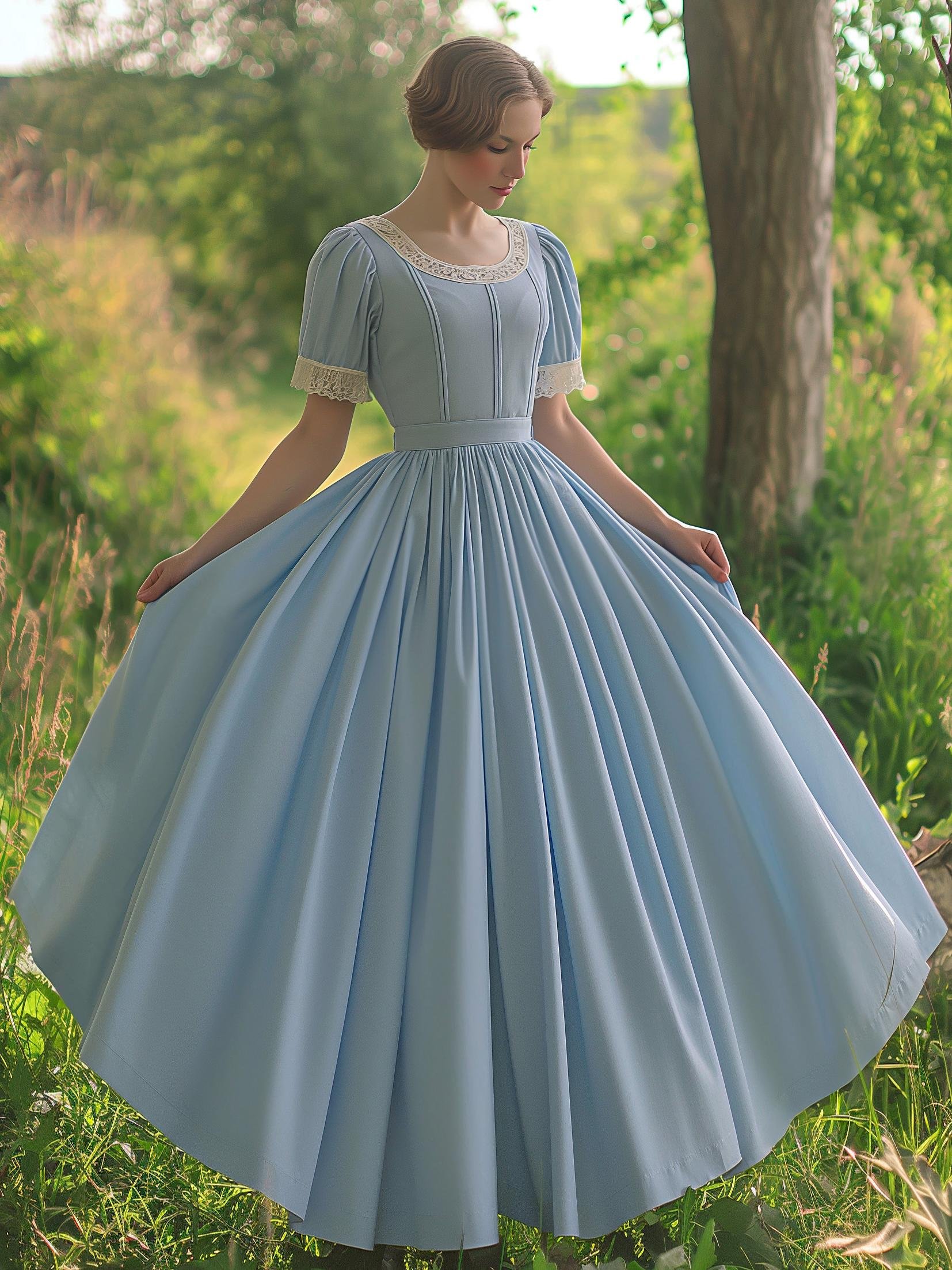 Cotton Maxi Dress, Vintage, Plain, Summer, Lace Collar, Short Sleeve, Blue - Sky Blue